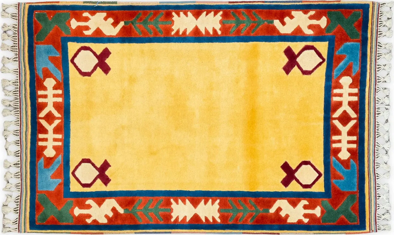 Handwoven rug No. 338, 5′ × 7′, viewed from above